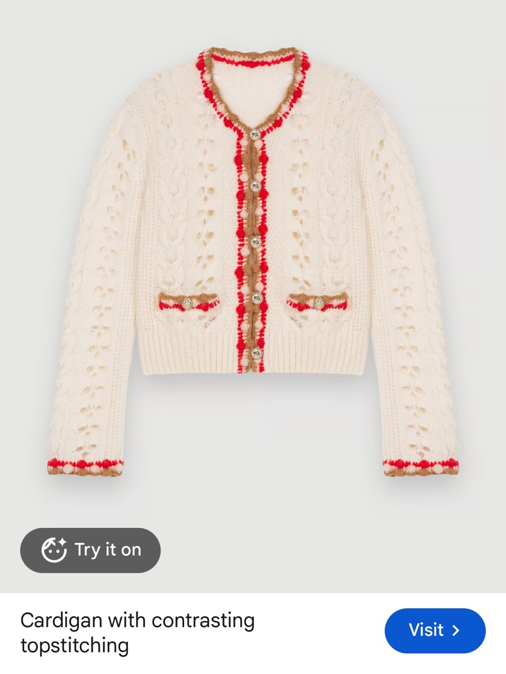 Maje Cream Cable Knit Cardigan with Red and Tan Trim